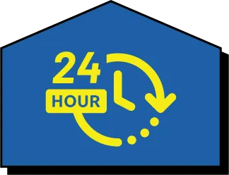 A blue sign with a yellow clock and arrow symbol, the text "24 HOUR" indicating 24-hour service or availability.