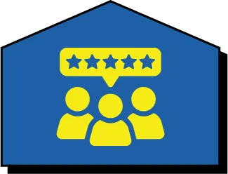 Icon of three people with a speech bubble above them containing five stars, all in yellow on a blue background shaped like a house.