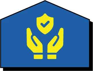 Yellow hands holding a shield with a checkmark inside a blue house-shaped outline, symbolizing protection and security.