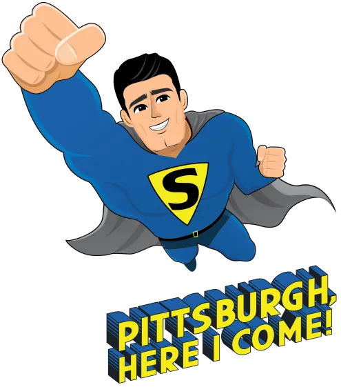 Cartoon superhero in blue suit with yellow "S" on chest flying upward, accompanied by the text "PITTSBURGH, HERE I COME!.