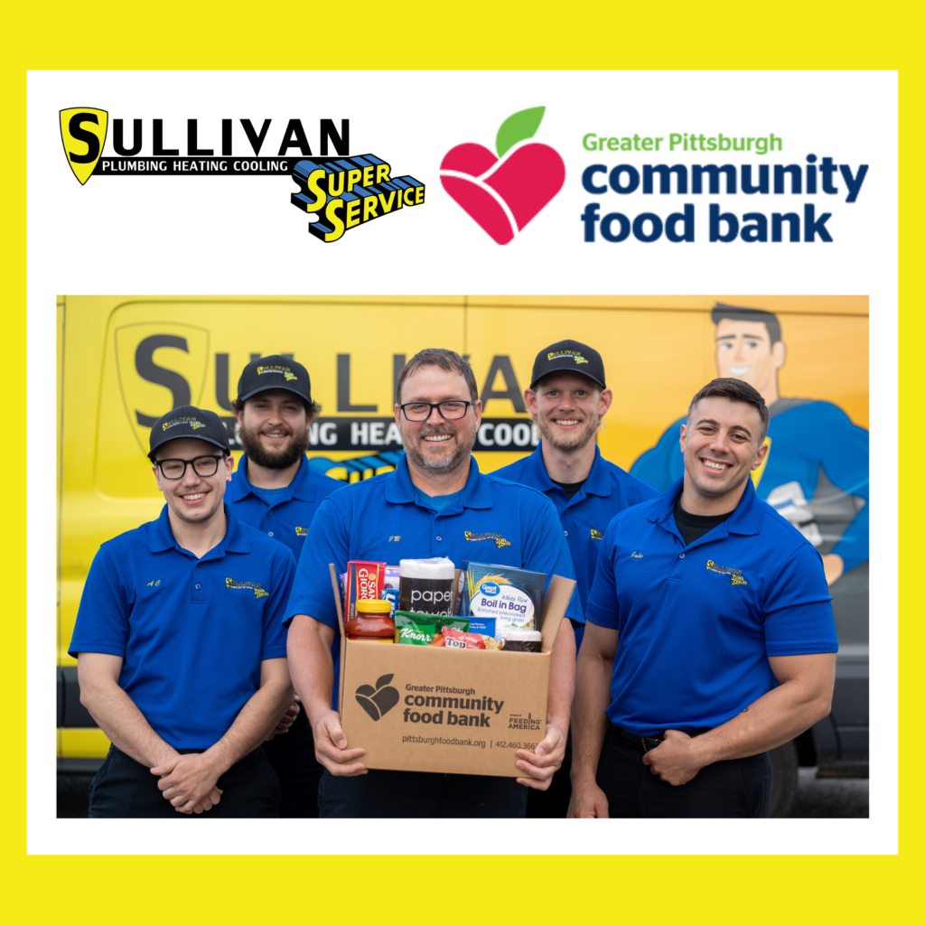 Five men in blue uniforms stand in front of a yellow van, holding a food donation box. Logos for Sullivan Super Service and Greater Pittsburgh Community Food Bank appear above them.