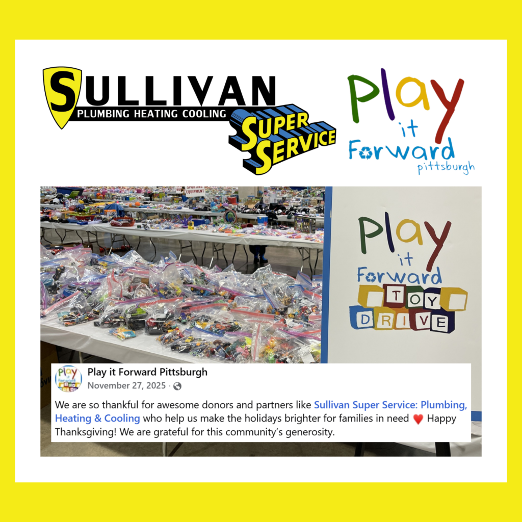 A Sullivan Super Service logo, Play it Forward logos, tables with toy donations, and a social media post thanking Sullivan for supporting a toy drive.