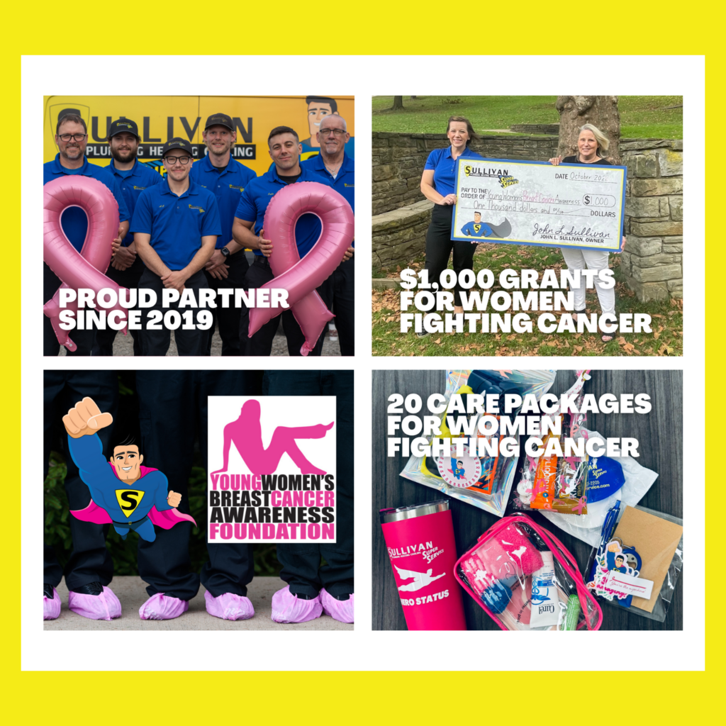 A collage showing a team posing with pink ribbons, a large check, care packages, and a superhero graphic, highlighting support for women fighting cancer and breast cancer awareness.