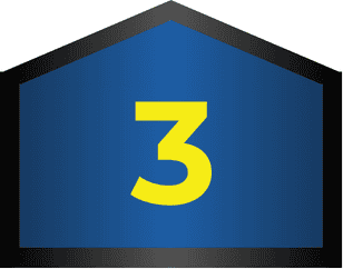 A blue, house-shaped sign with a black border displays a large yellow number 3 in the center.