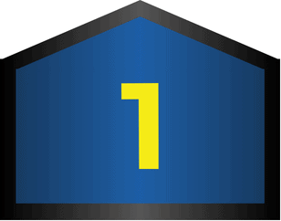 A blue pentagon with a black border contains a large yellow number 1 centered in the middle.
