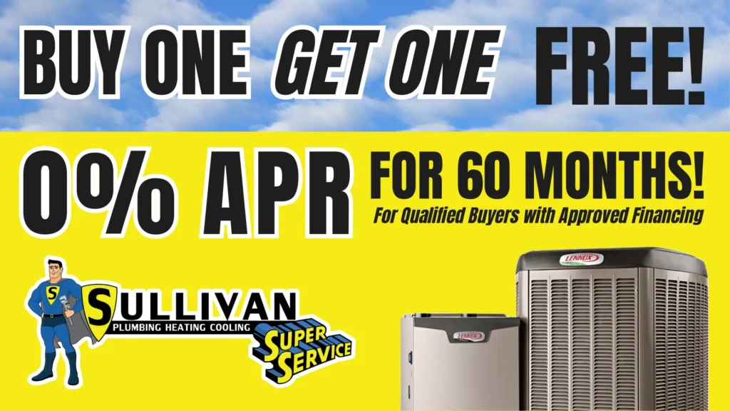 Advertisement for Sullivan Plumbing Heating Cooling offering buy one get one free, 0% APR for 60 months, and images of HVAC units, with a superhero mascot and blue sky background.